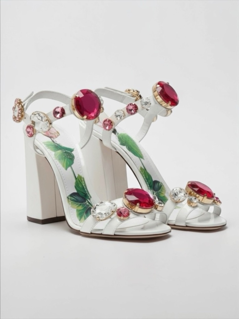 White Dolce-Inspired Crystal Jewel Block Heel Sandals Floral Size 9 NWOT